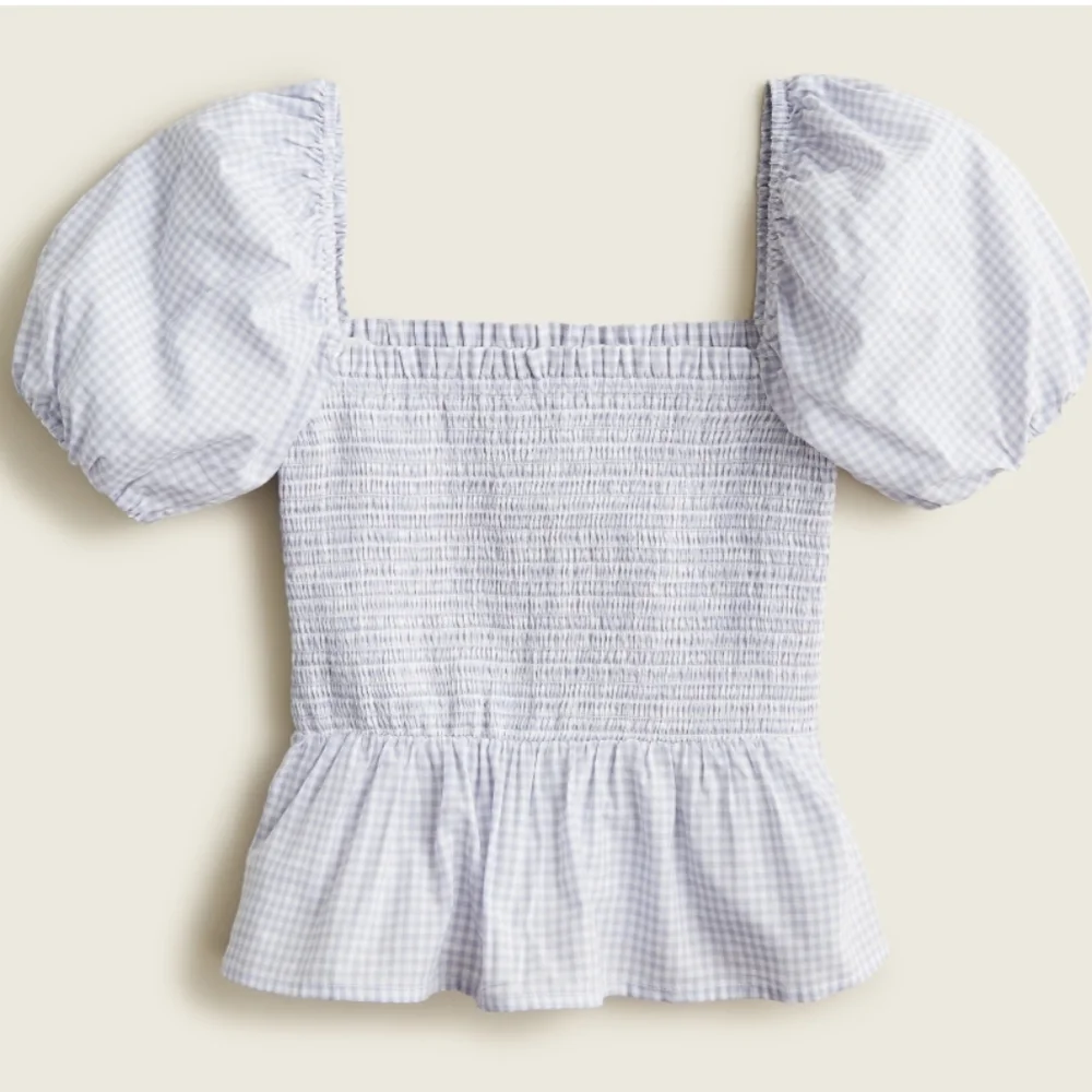 Jcrew Squareneck smocked cotton voile top in gingham Size XXS Blue White